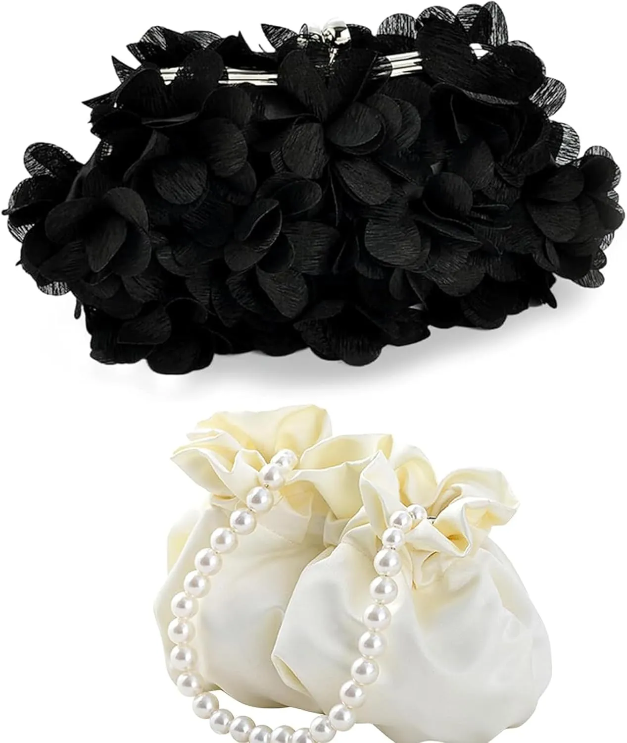 2 Pcs Floral Appliques Clutch Evening Handbags for Women Mini Bucket Bag Wristlet Purses with Faux Pearl Chain