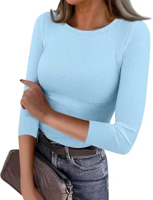 3/4 Sleeve T Shirts for Women Slim Fit Crewneck Cute Business Casual Tops Knit Three Quarter Length Dressy Blouses