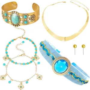6 PCS Arabian Princess Costume Accessories for Women Girls Princess Accessories Headband Gold Chunky Necklace Earrings Halloween Cosplay Costume Festival Party