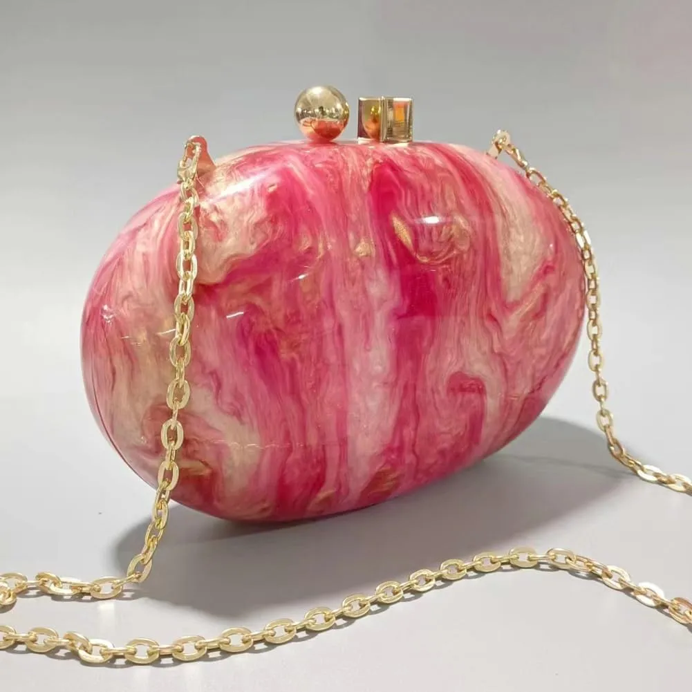 Acrylic Evening Bag for Women Egg Shape Handbag Multicolored Marble Clutch Purse for Wedding Party Chain Shoulder Bag