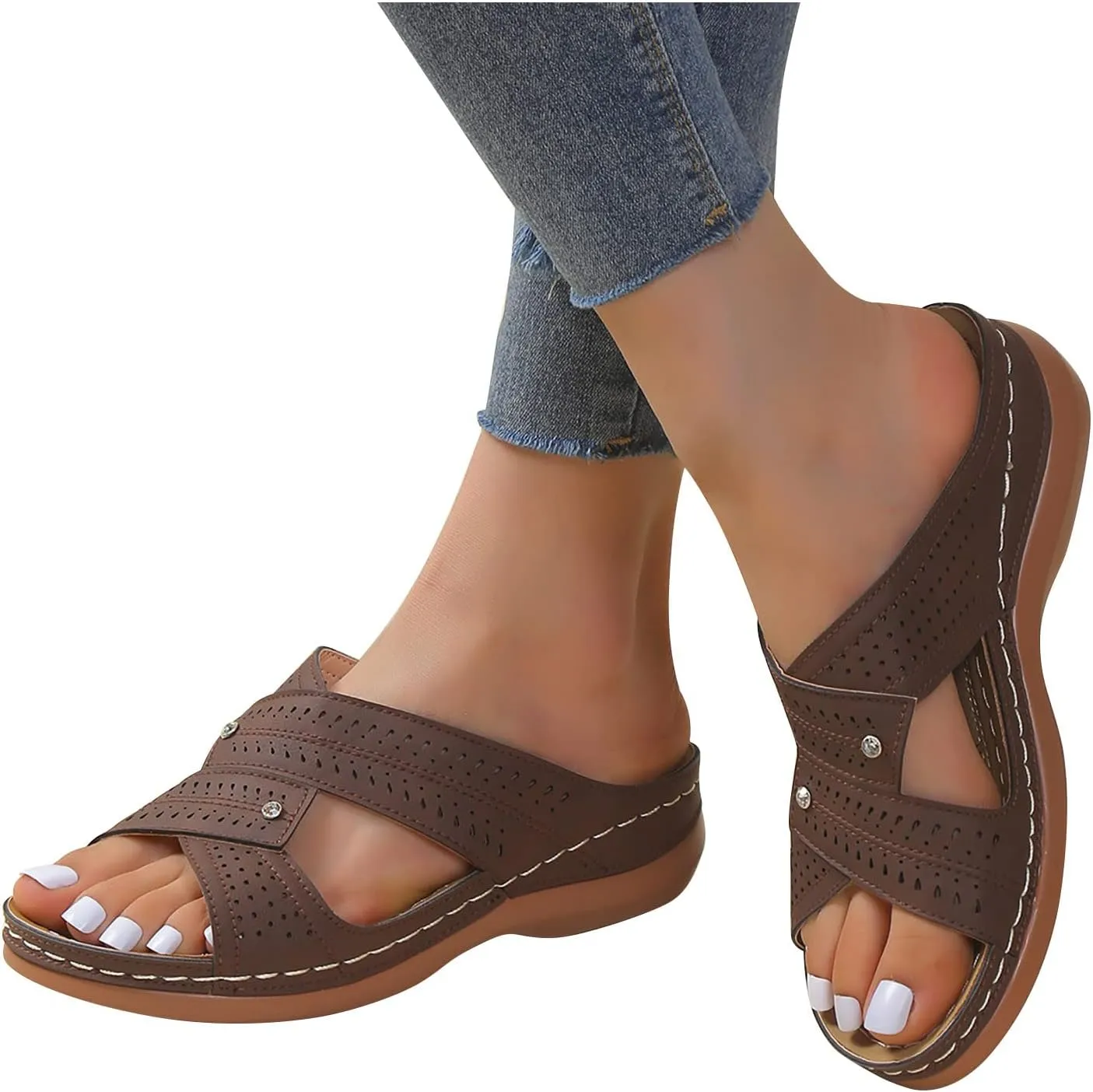 Arch Support Beach Sandals Women Summer Comfortable Low Wedge Slippers Slip on Sandal 2025 Trendy