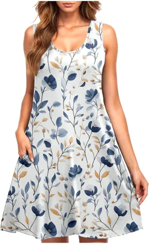 Beach Dresses for Women Trendy Swimsuit Cover Ups Sleeveless Vacation Dresses Floral Swing Mini Dress