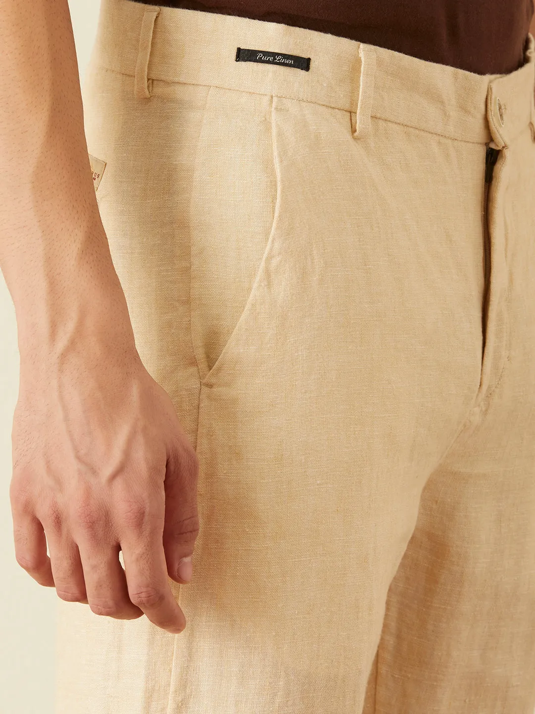 Beige Plain Linen Trousers