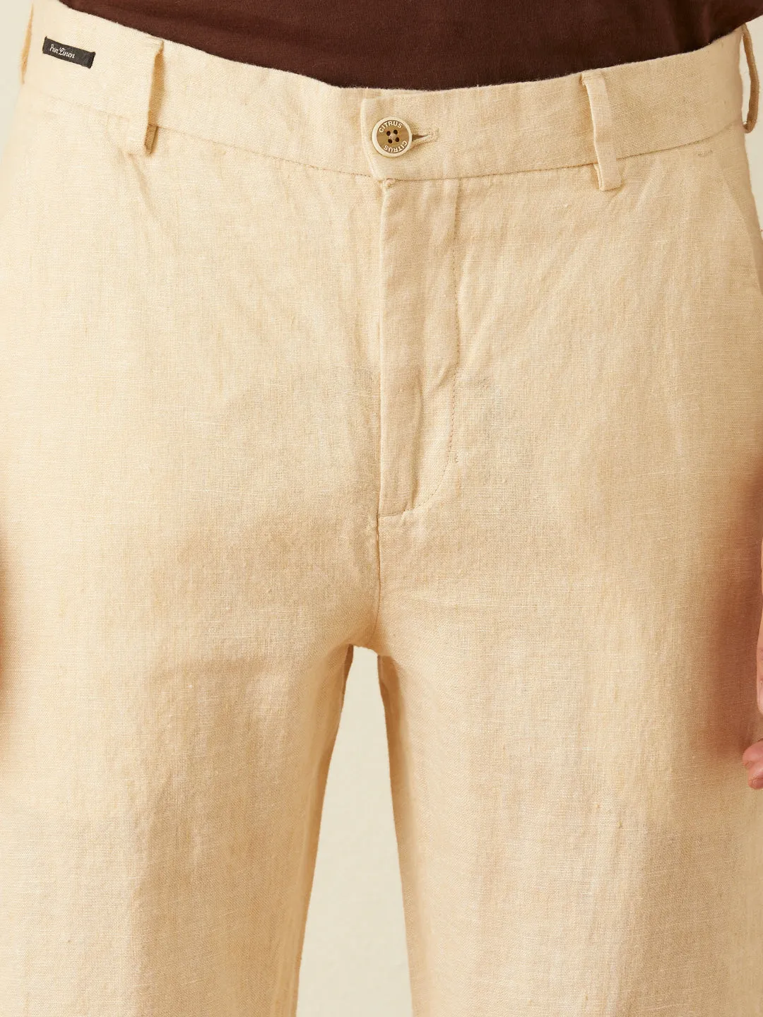 Beige Plain Linen Trousers
