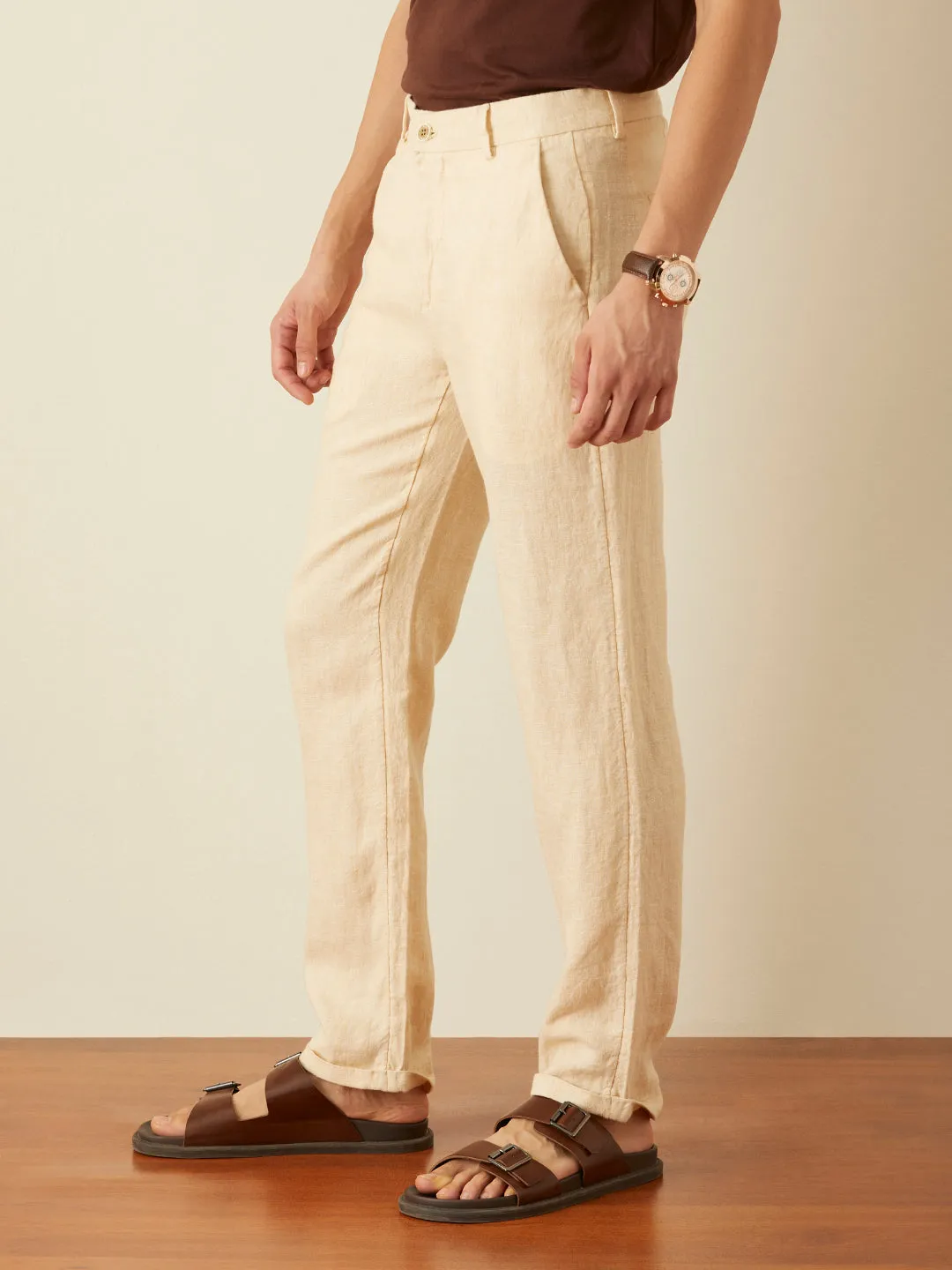 Beige Plain Linen Trousers