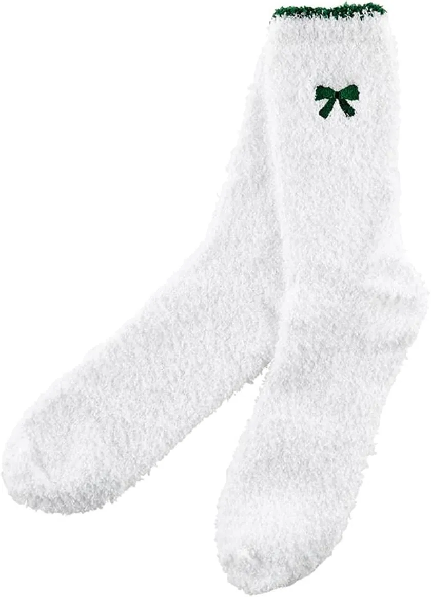 Bella Ultra Soft Plush Slipper Sock in Ornament for Gift Basket or Stocking Stuffer, Plush Polyester White With Green Bow, One Size Fits Most