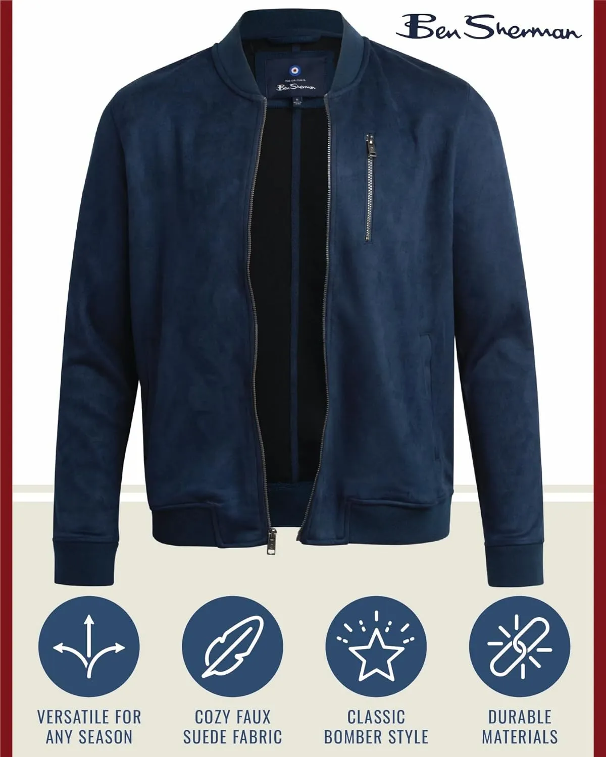 Ben Sherman Men's Bomber Jacket - Cozy Full Zip Up Faux Suede Bomber Jacket for Men - Casual Mens Suede Jacket (S-XL)