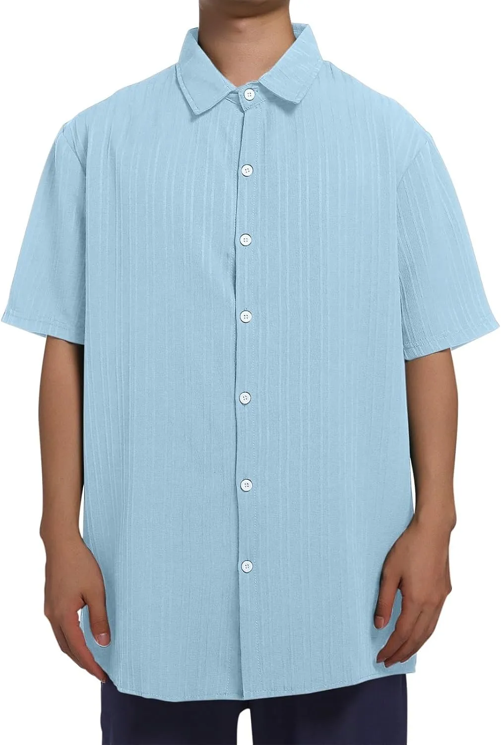 Big and Tall Linen Shirts for Men Short Sleeve Button Down Loose Casual Jacquard Striped T-Shirt Lightweight Summer Basic Tee