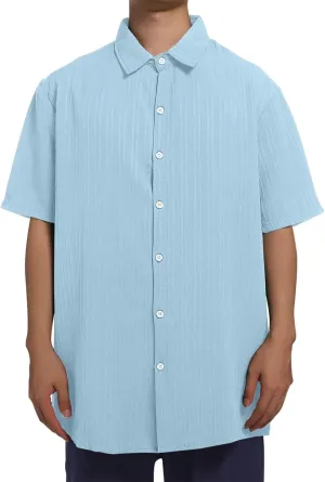 Big and Tall Linen Shirts for Men Short Sleeve Button Down Loose Casual Jacquard Striped T-Shirt Lightweight Summer Basic Tee