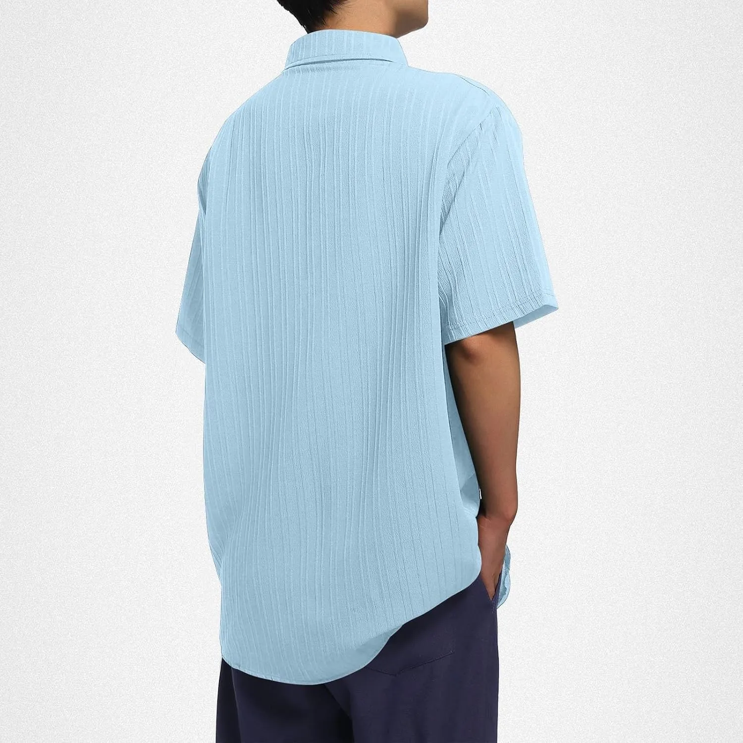 Big and Tall Linen Shirts for Men Short Sleeve Button Down Loose Casual Jacquard Striped T-Shirt Lightweight Summer Basic Tee