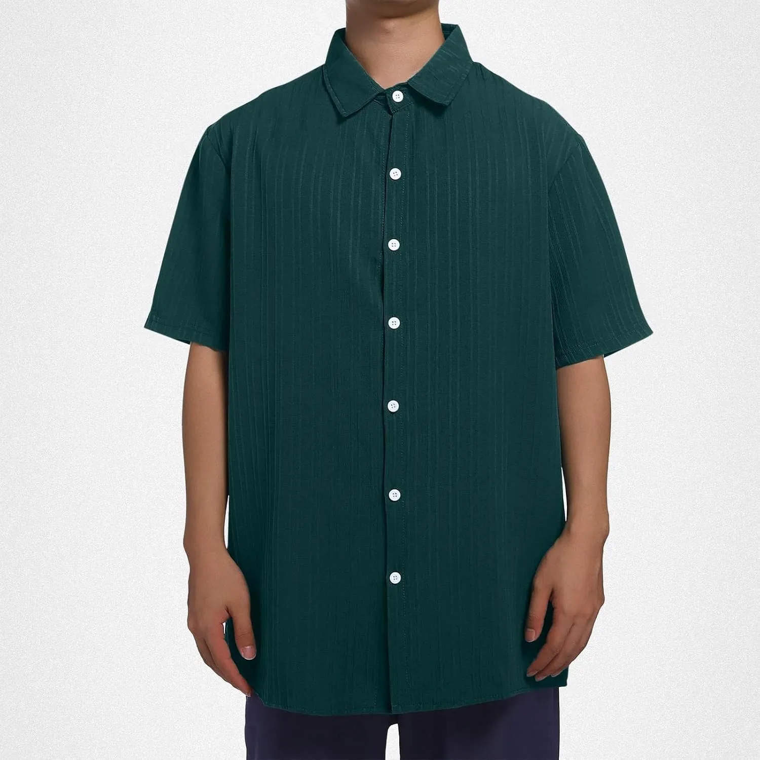 Big and Tall Linen Shirts for Men Short Sleeve Button Down Loose Casual Jacquard Striped T-Shirt Lightweight Summer Basic Tee