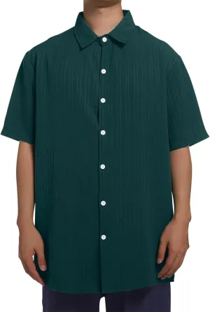 Big and Tall Linen Shirts for Men Short Sleeve Button Down Loose Casual Jacquard Striped T-Shirt Lightweight Summer Basic Tee