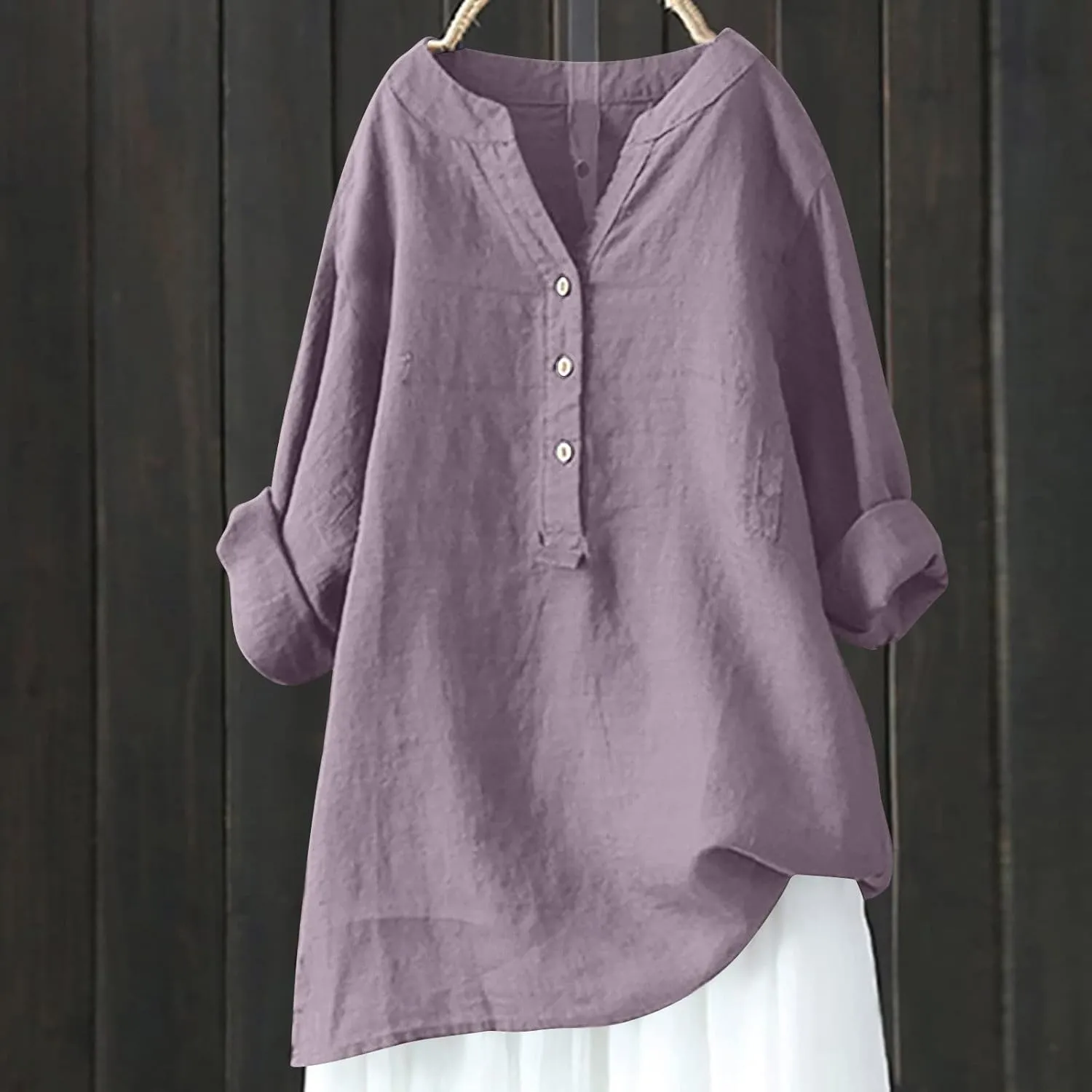 Binmer Women Linen Button Down Shirt Oversized Long Sleeve Blouse Ladies Summer Casual V Neck Beach Top.Plus Size S-5X