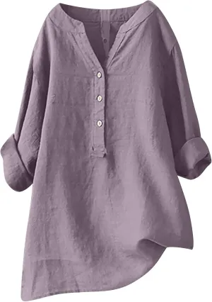 Binmer Women Linen Button Down Shirt Oversized Long Sleeve Blouse Ladies Summer Casual V Neck Beach Top.Plus Size S-5X