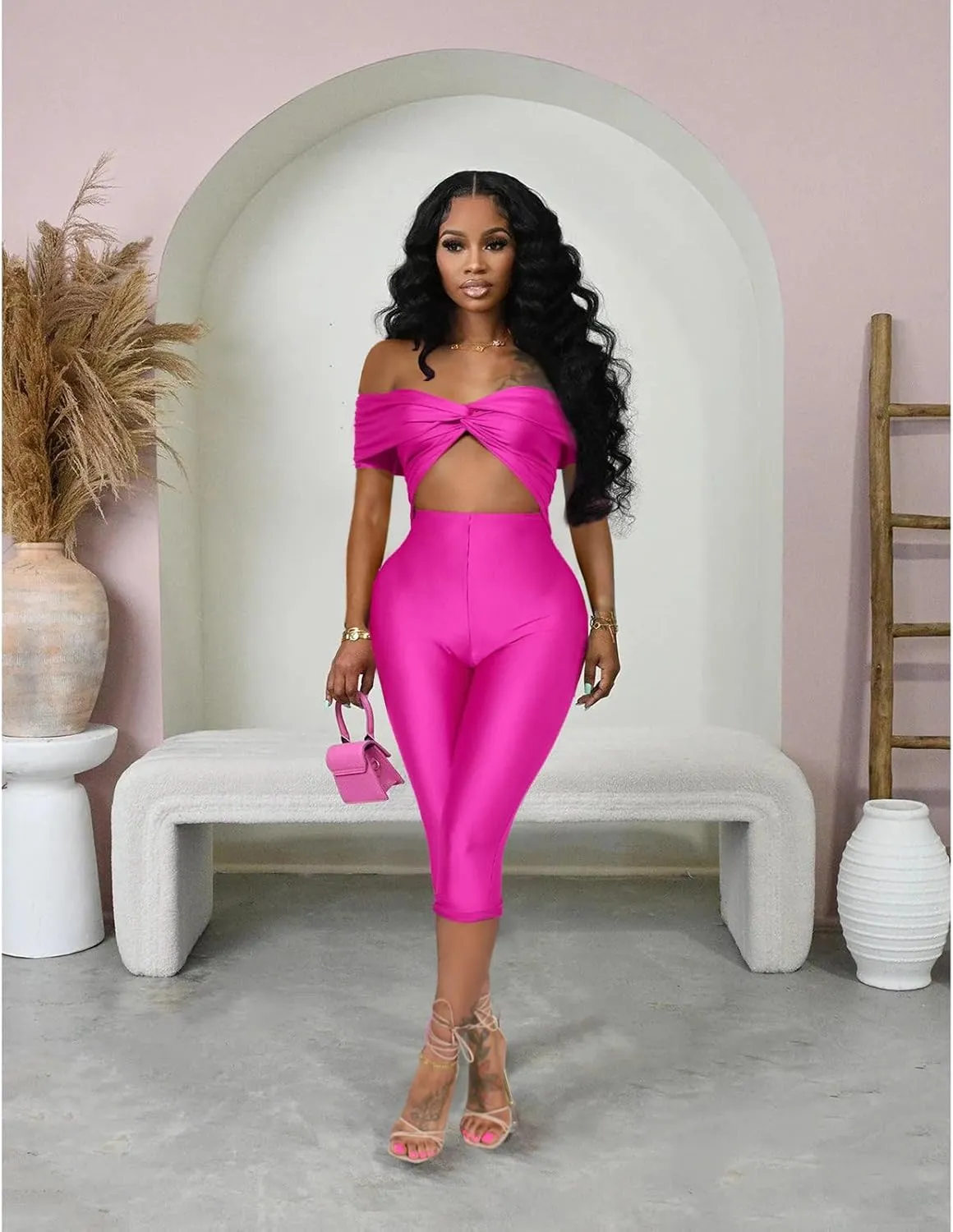 Bodycon Jumpsuit for Women - Short Sleeve Off Shoulder Twist Front Cut Out Capri Pants Sexy One Piece Outfits