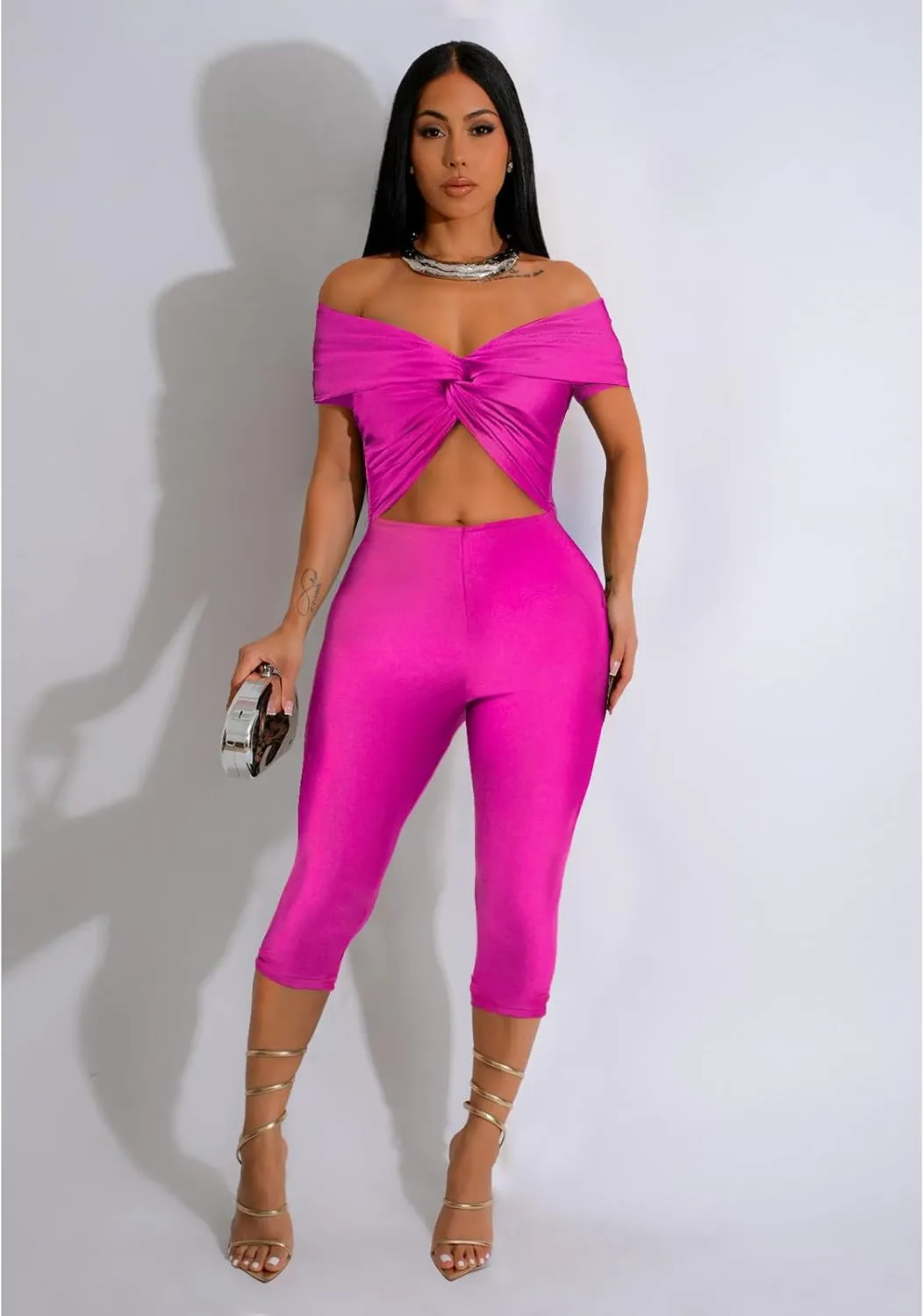 Bodycon Jumpsuit for Women - Short Sleeve Off Shoulder Twist Front Cut Out Capri Pants Sexy One Piece Outfits