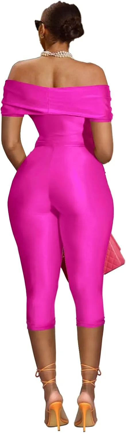 Bodycon Jumpsuit for Women - Short Sleeve Off Shoulder Twist Front Cut Out Capri Pants Sexy One Piece Outfits