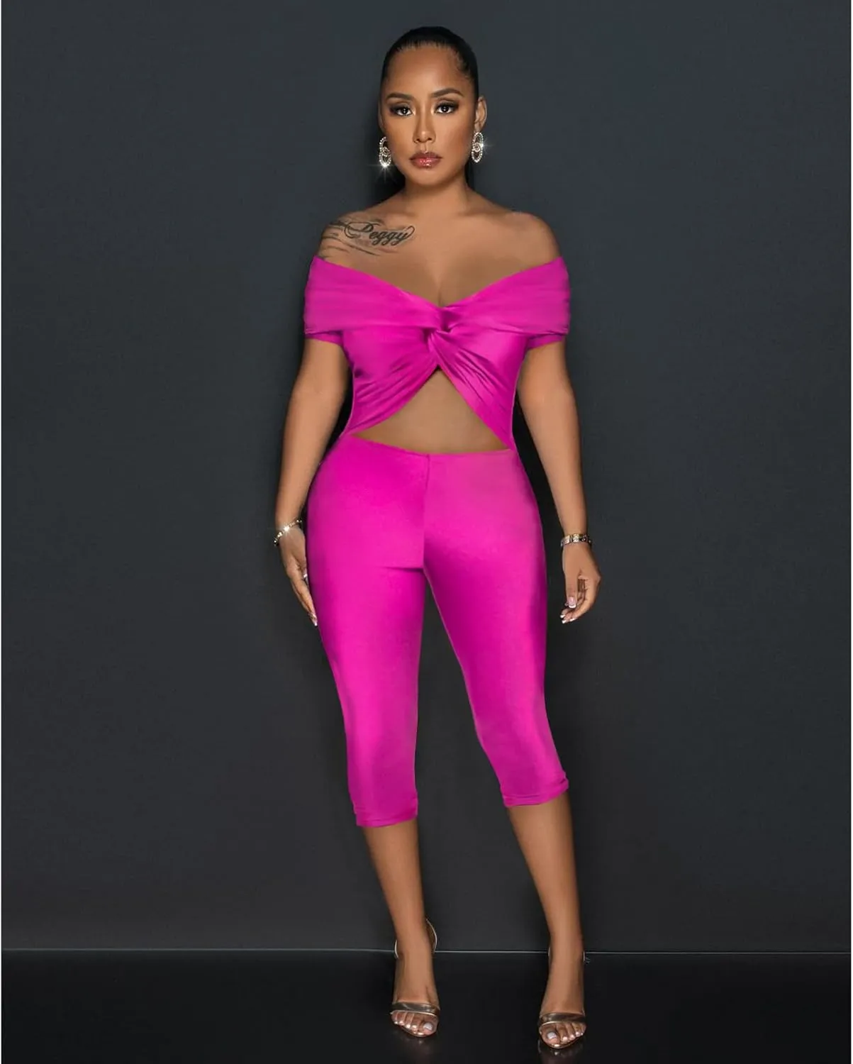 Bodycon Jumpsuit for Women - Short Sleeve Off Shoulder Twist Front Cut Out Capri Pants Sexy One Piece Outfits