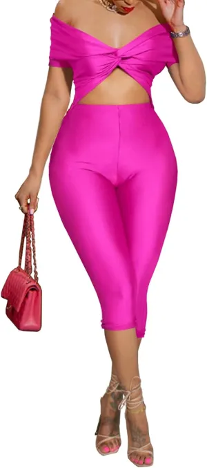 Bodycon Jumpsuit for Women - Short Sleeve Off Shoulder Twist Front Cut Out Capri Pants Sexy One Piece Outfits