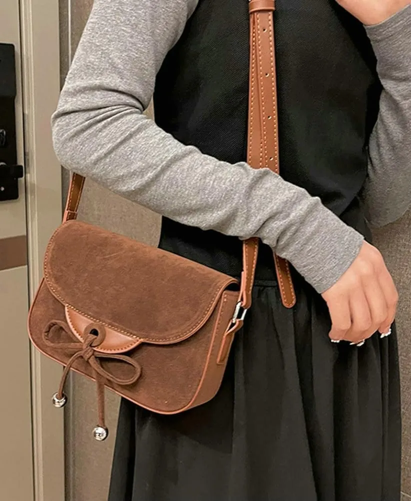 Bow Suede Crossbody Bags For Women Brown Retro Square Handbag Small Saddle Bag Suede Satchel Bag