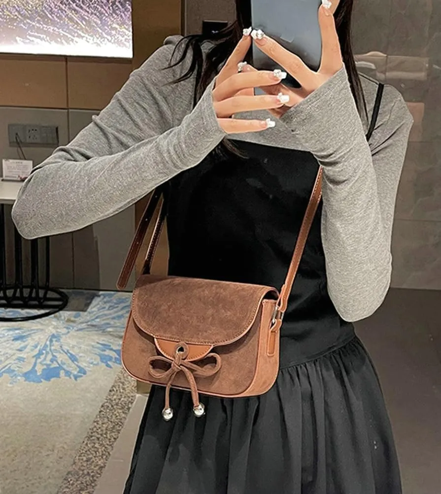 Bow Suede Crossbody Bags For Women Brown Retro Square Handbag Small Saddle Bag Suede Satchel Bag