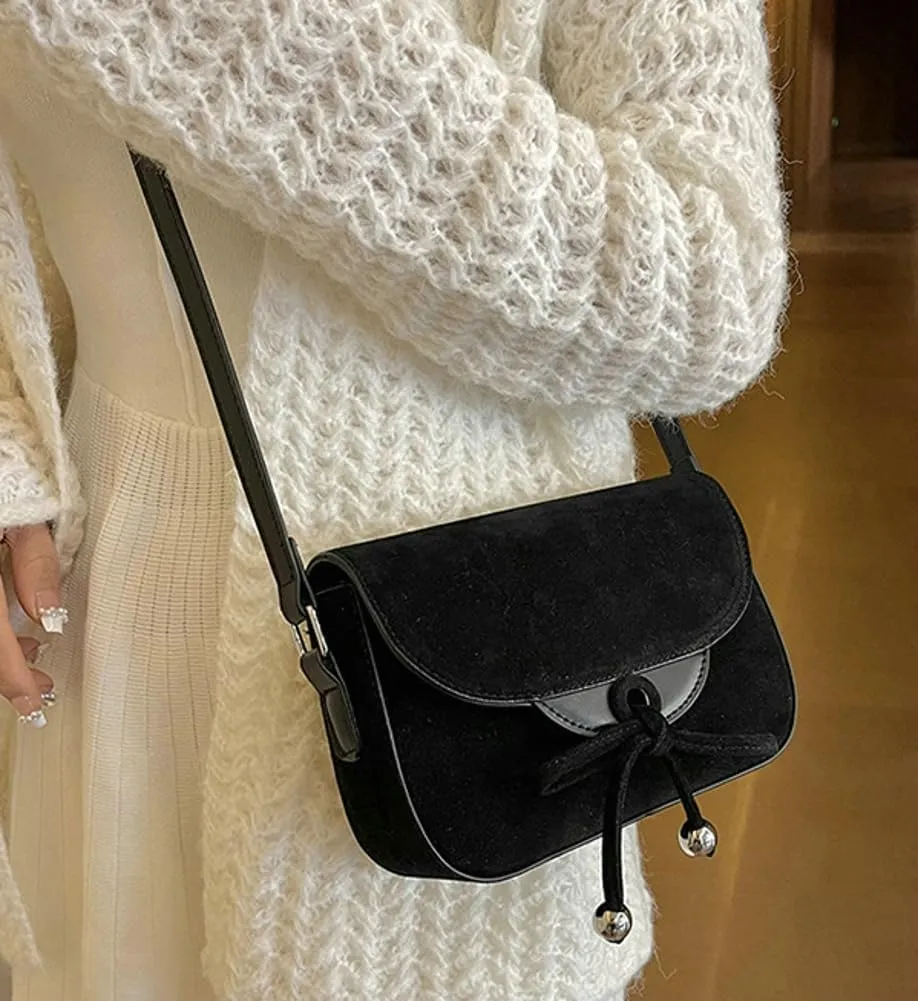 Bow Suede Crossbody Bags For Women Brown Retro Square Handbag Small Saddle Bag Suede Satchel Bag