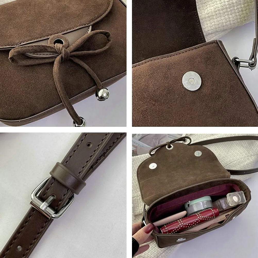 Bow Suede Crossbody Bags For Women Brown Retro Square Handbag Small Saddle Bag Suede Satchel Bag
