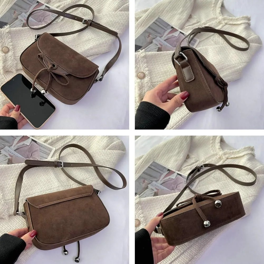 Bow Suede Crossbody Bags For Women Brown Retro Square Handbag Small Saddle Bag Suede Satchel Bag