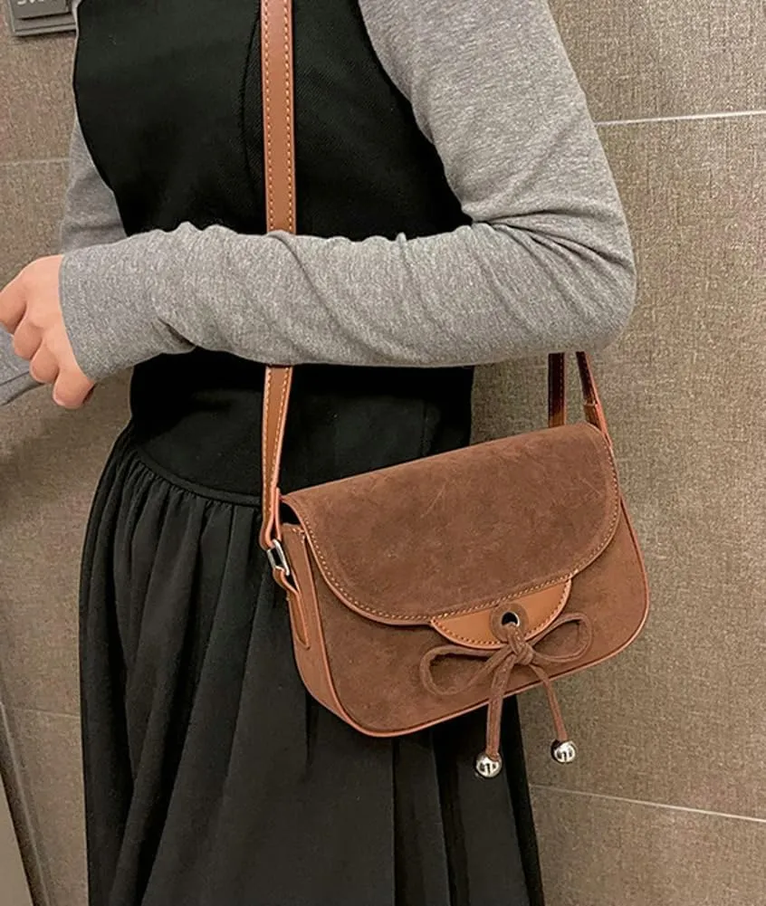 Bow Suede Crossbody Bags For Women Brown Retro Square Handbag Small Saddle Bag Suede Satchel Bag