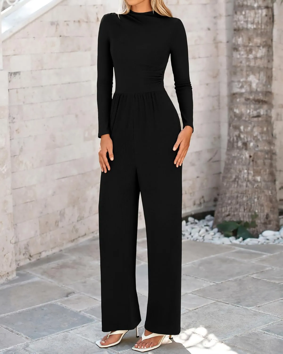 BTFBM Jumpsuits For Women Dressy Long Sleeve Wide Pants Rompers Mock Neck Ruched 2025 Casual Spring One Piece Jumpsuit