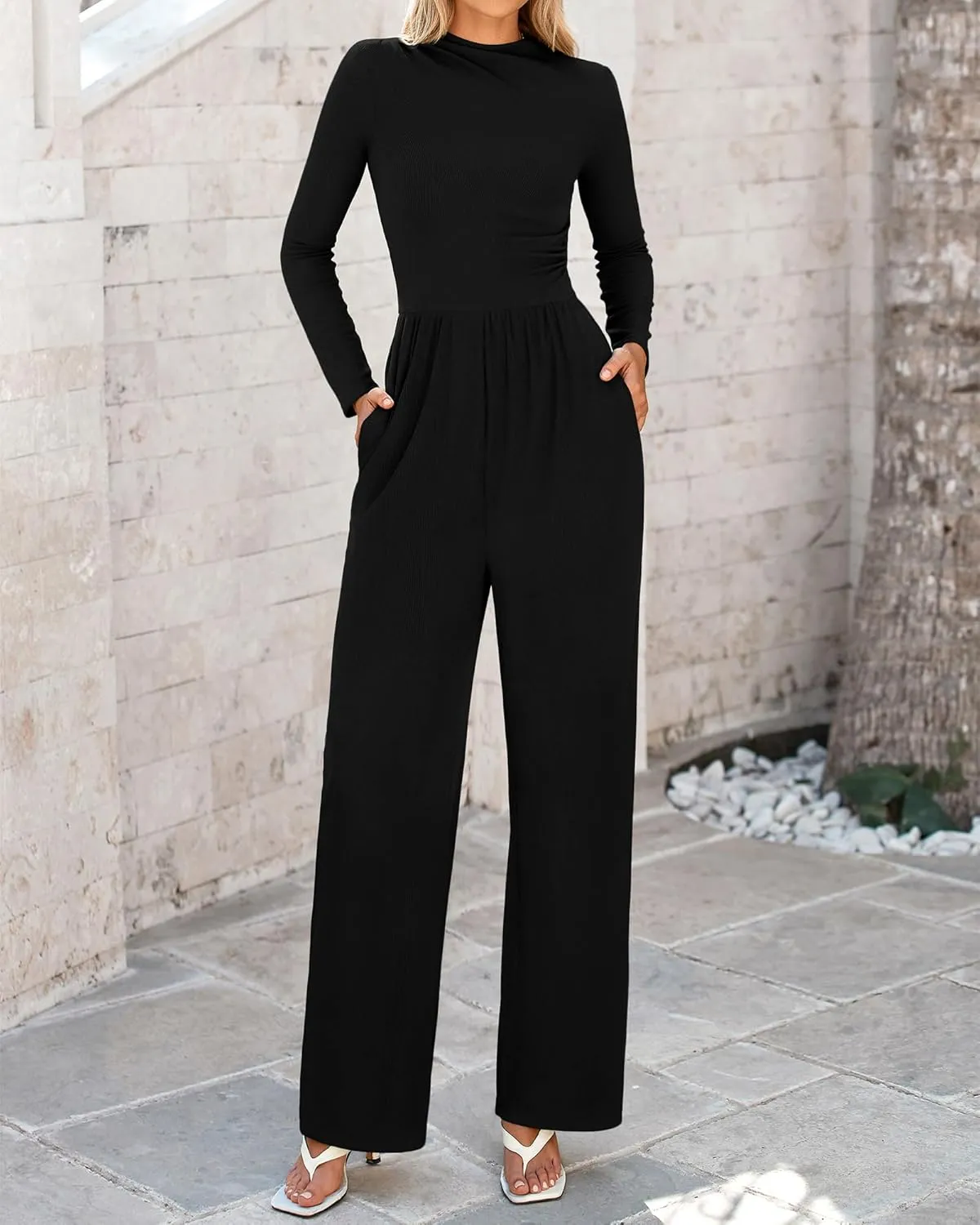 BTFBM Jumpsuits For Women Dressy Long Sleeve Wide Pants Rompers Mock Neck Ruched 2025 Casual Spring One Piece Jumpsuit