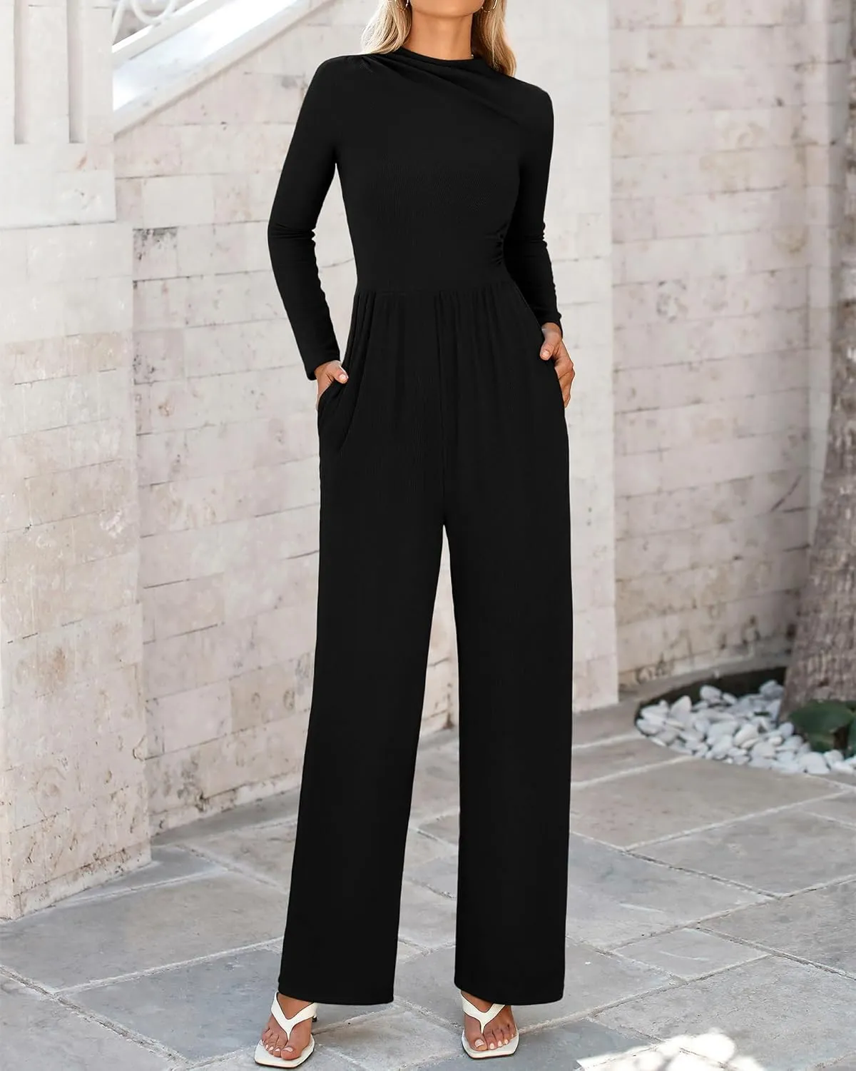 BTFBM Jumpsuits For Women Dressy Long Sleeve Wide Pants Rompers Mock Neck Ruched 2025 Casual Spring One Piece Jumpsuit
