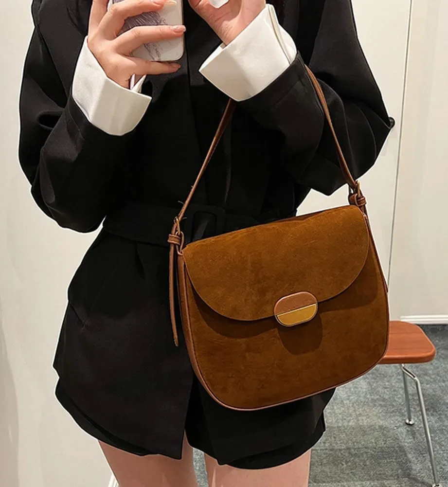 Burgundy Suede Shoulder Bags For Women Brown Suede Purse Small Trendy Wine Crossbody Bag Saddle Suede Satchel Bag