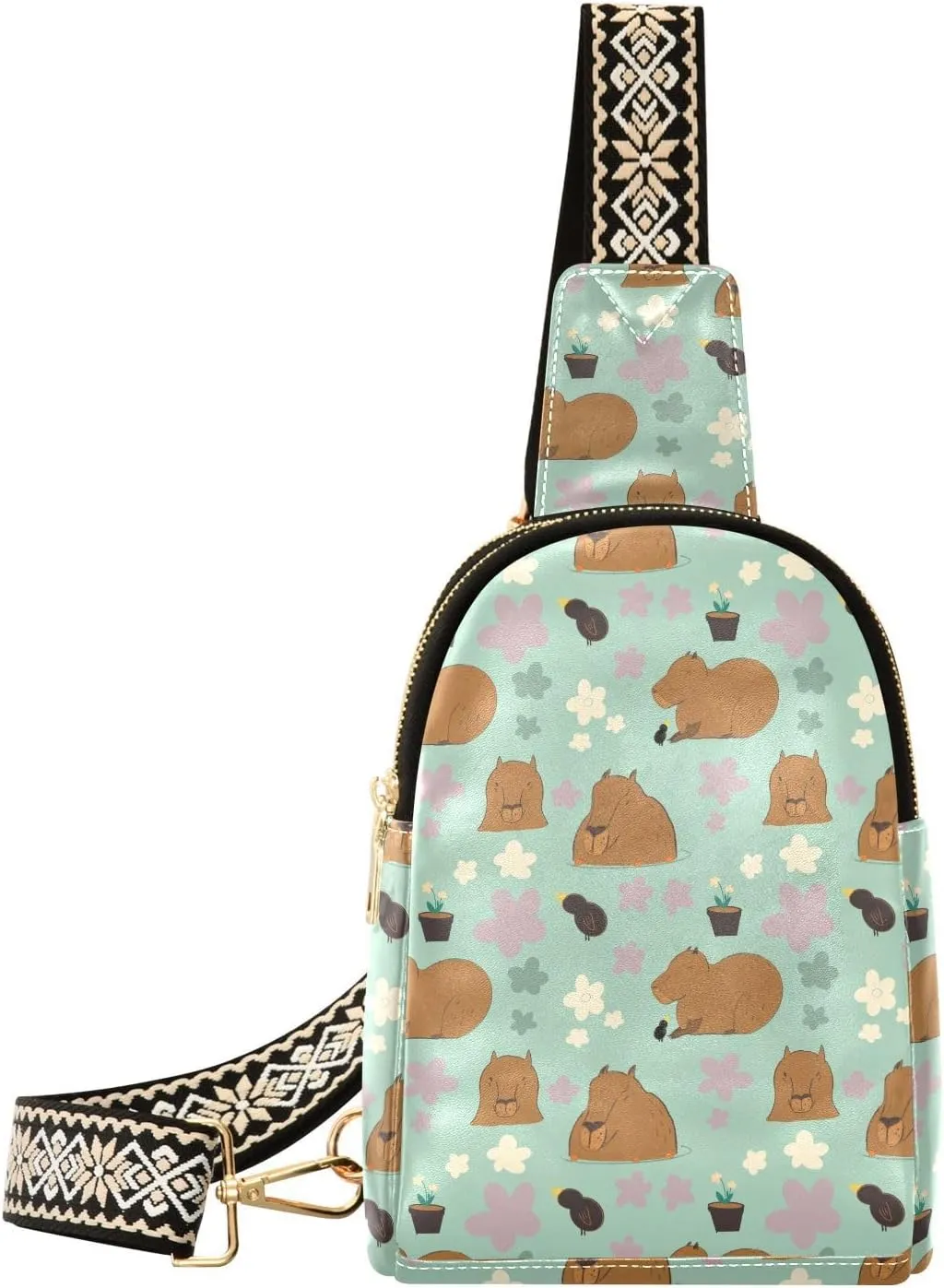 Capybara with Pink Flowers Fanny Pack Crossbody PC Leather Small Sling Bag for Women Spring Fashion Waist Packs Chest Bag for Travel Sports Running Hiking