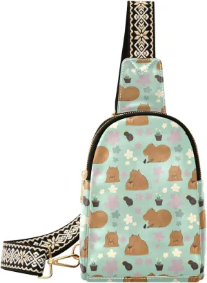 Capybara with Pink Flowers Fanny Pack Crossbody PC Leather Small Sling Bag for Women Spring Fashion Waist Packs Chest Bag for Travel Sports Running Hiking