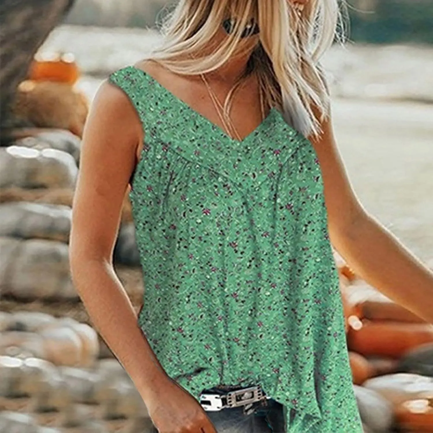Ceboyel Women 2023 Boho Floral Summer Shirts V Neck Sleeveless Summer Tank Top Loose Fitted Blouse Tunic Ladies Beach Clothes