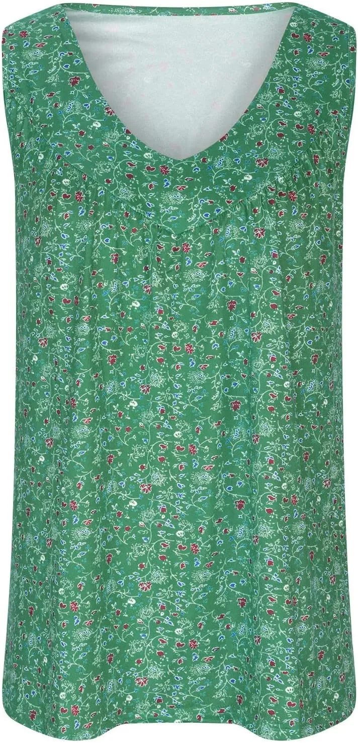Ceboyel Women 2023 Boho Floral Summer Shirts V Neck Sleeveless Summer Tank Top Loose Fitted Blouse Tunic Ladies Beach Clothes