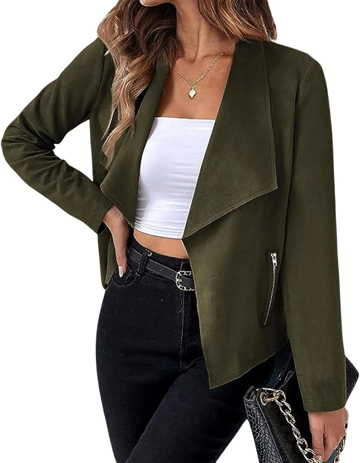 CHARTOU Women Faux Suede Cropped Jacket Moto Leather Jacket Lightweight Fall Jacket Open Front Short Coat