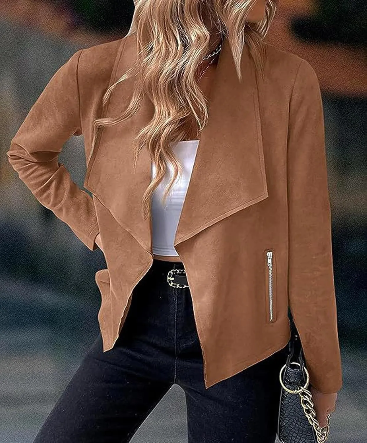 CHARTOU Women Faux Suede Cropped Jacket Moto Leather Jacket Lightweight Fall Jacket Open Front Short Coat
