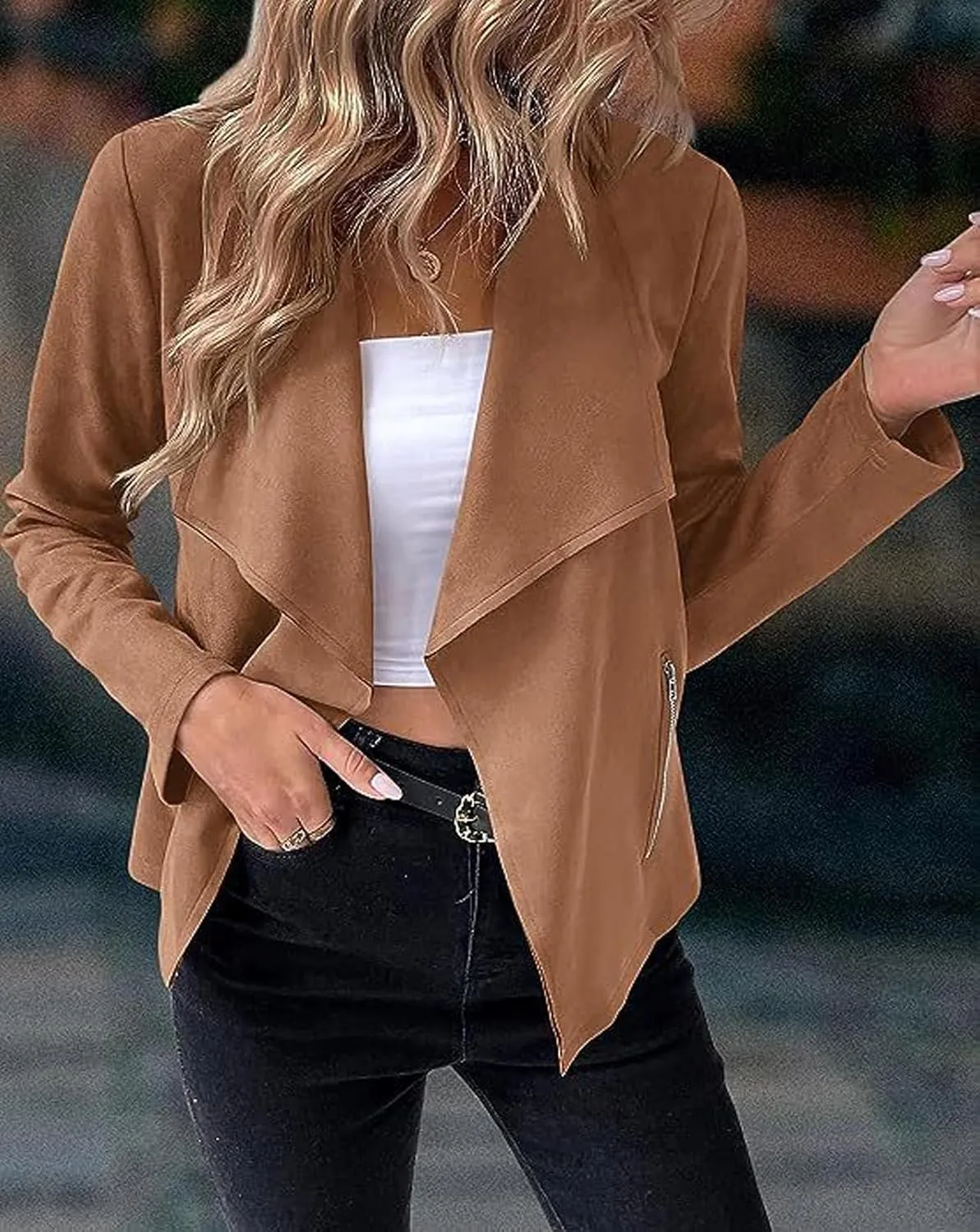 CHARTOU Women Faux Suede Cropped Jacket Moto Leather Jacket Lightweight Fall Jacket Open Front Short Coat