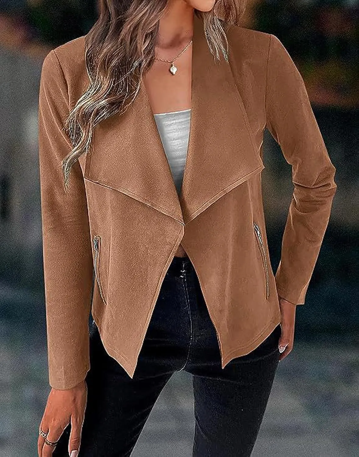 CHARTOU Women Faux Suede Cropped Jacket Moto Leather Jacket Lightweight Fall Jacket Open Front Short Coat