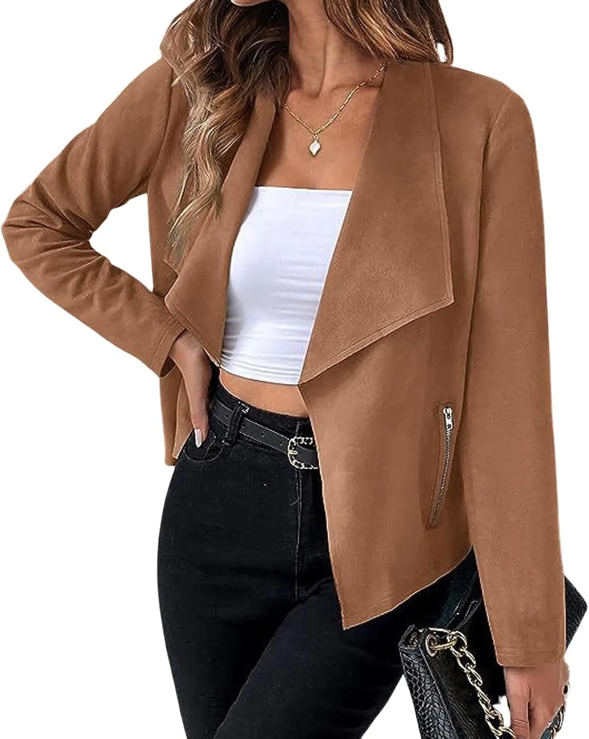 CHARTOU Women Faux Suede Cropped Jacket Moto Leather Jacket Lightweight Fall Jacket Open Front Short Coat