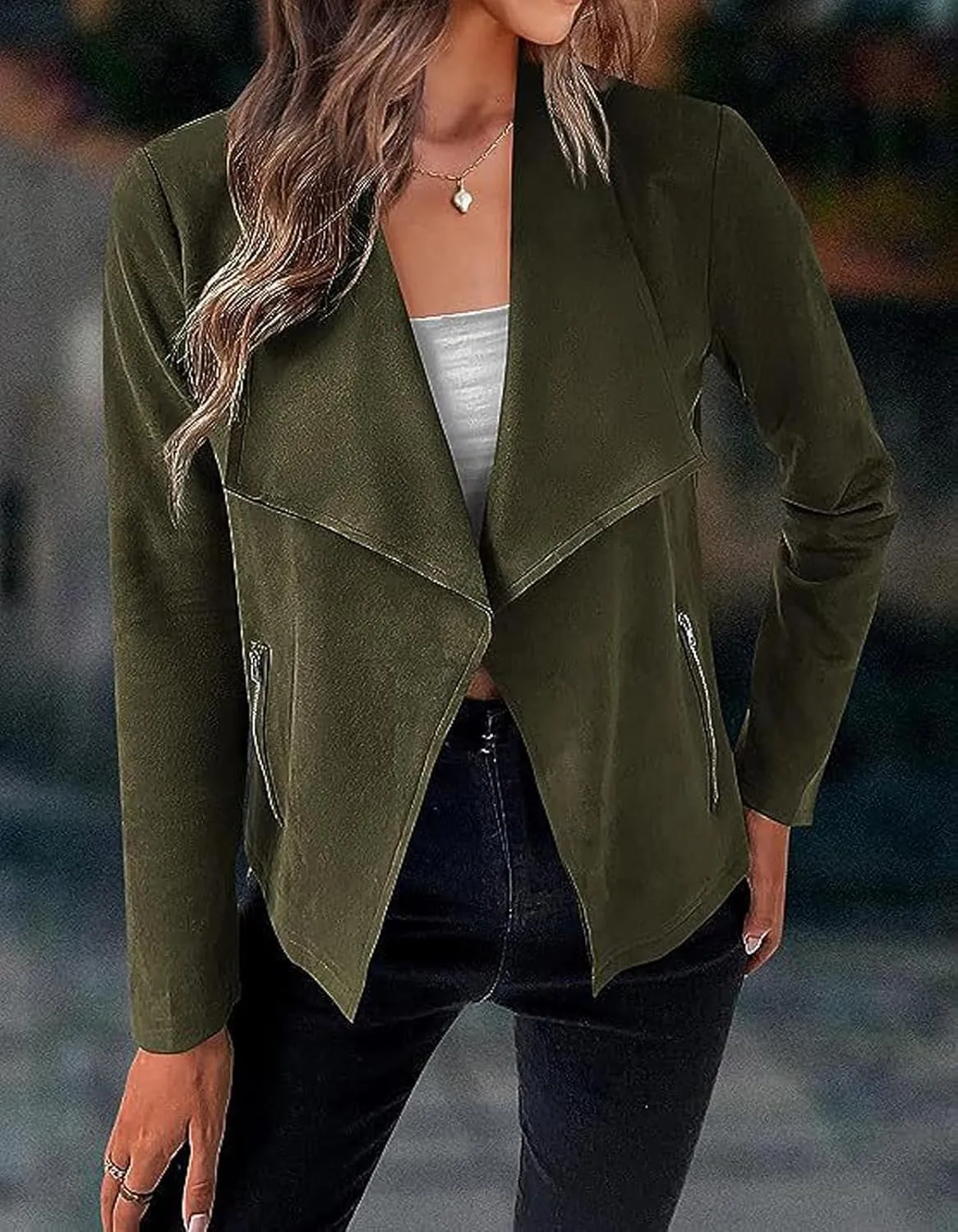 CHARTOU Women Faux Suede Cropped Jacket Moto Leather Jacket Lightweight Fall Jacket Open Front Short Coat