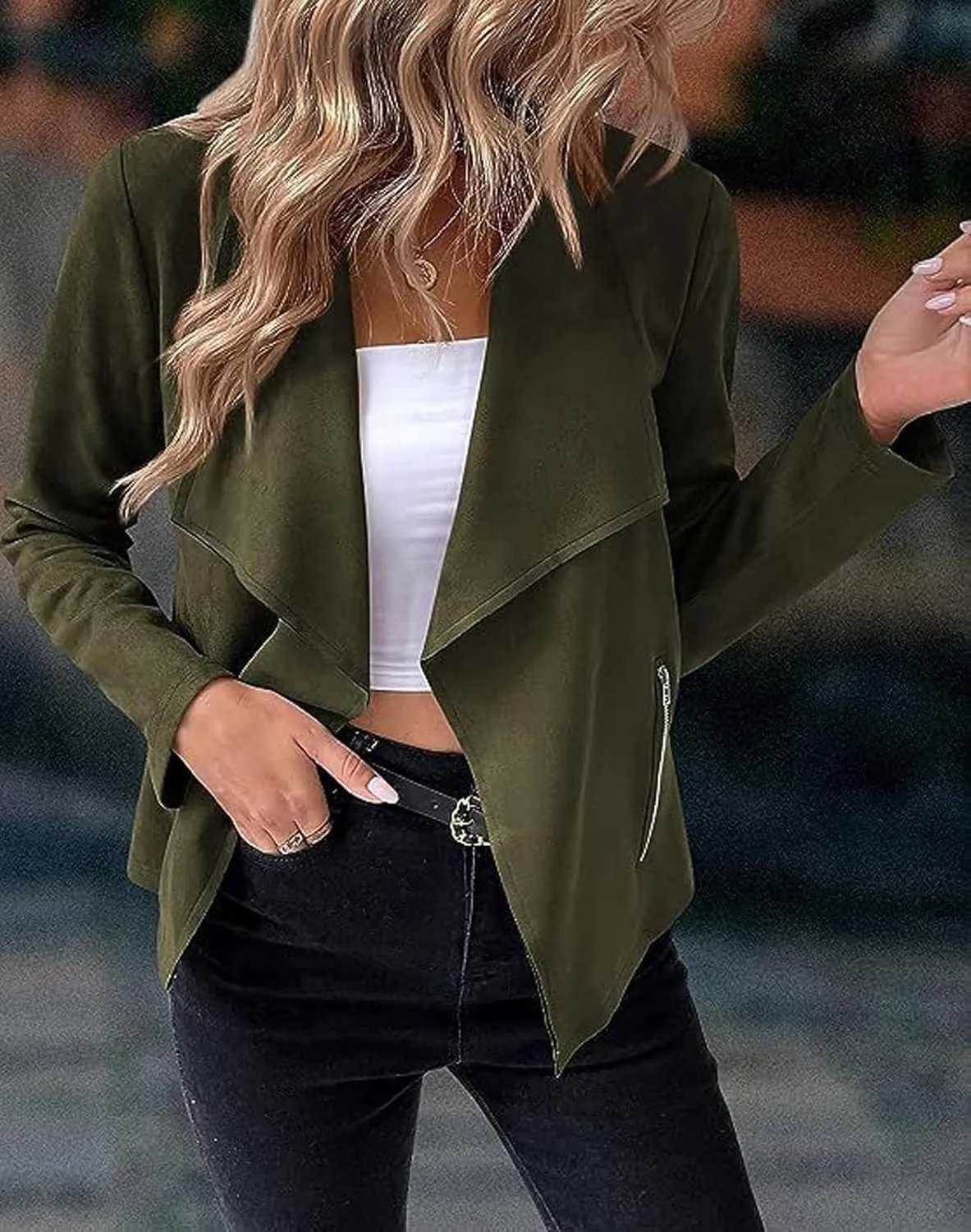 CHARTOU Women Faux Suede Cropped Jacket Moto Leather Jacket Lightweight Fall Jacket Open Front Short Coat