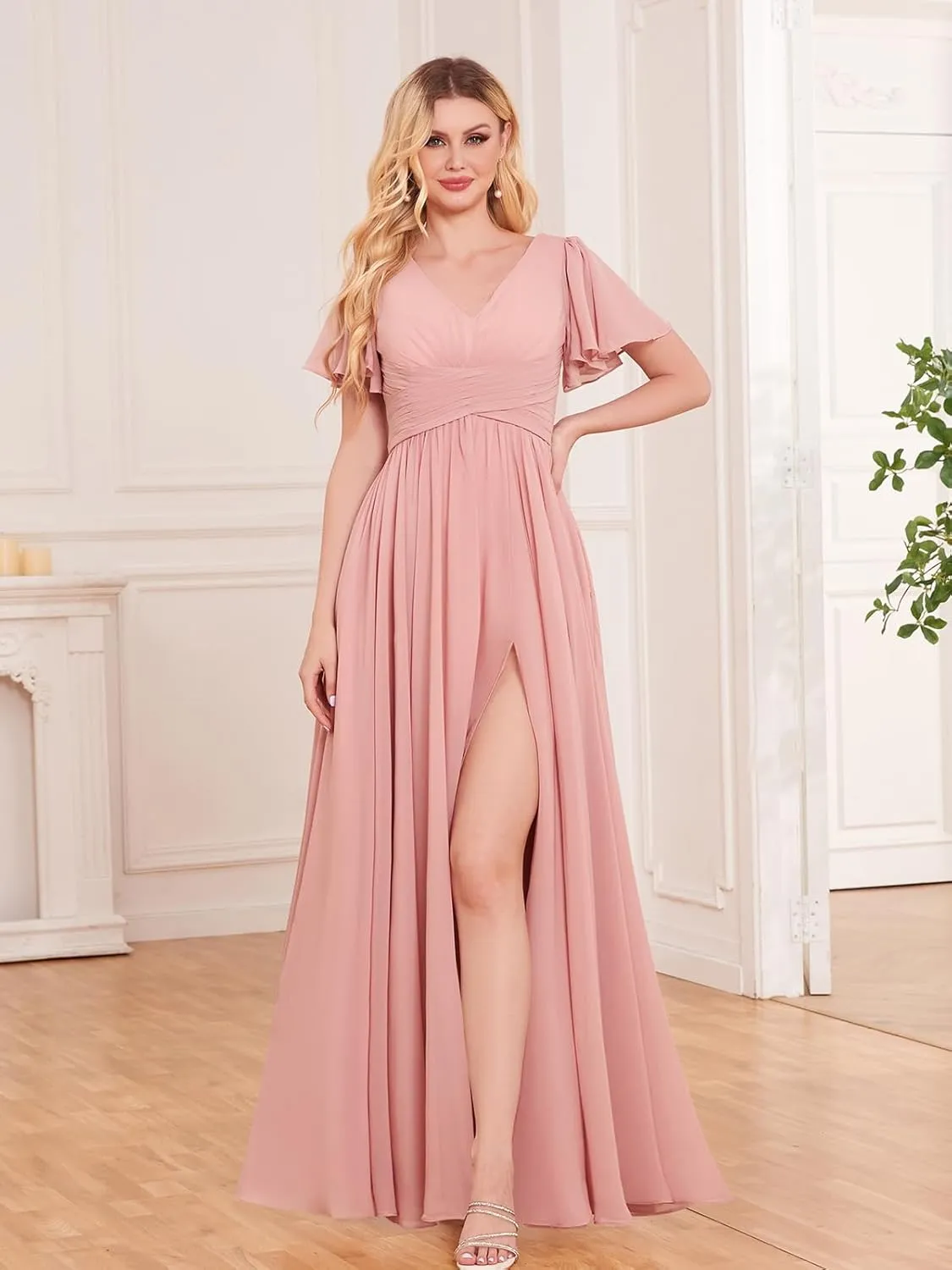 Chiffon Bridesmaid Dresses for Women V Neck Pockets Slit Long Wedding Guest Formal Dress with Flutter Sleeve