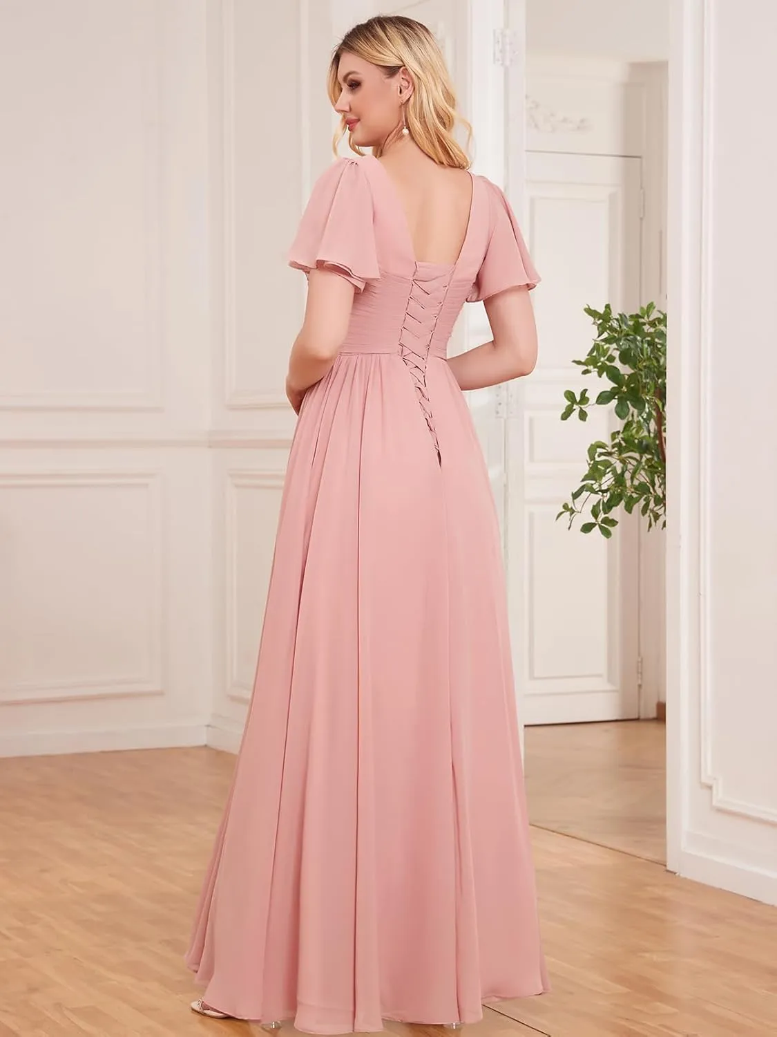 Chiffon Bridesmaid Dresses for Women V Neck Pockets Slit Long Wedding Guest Formal Dress with Flutter Sleeve