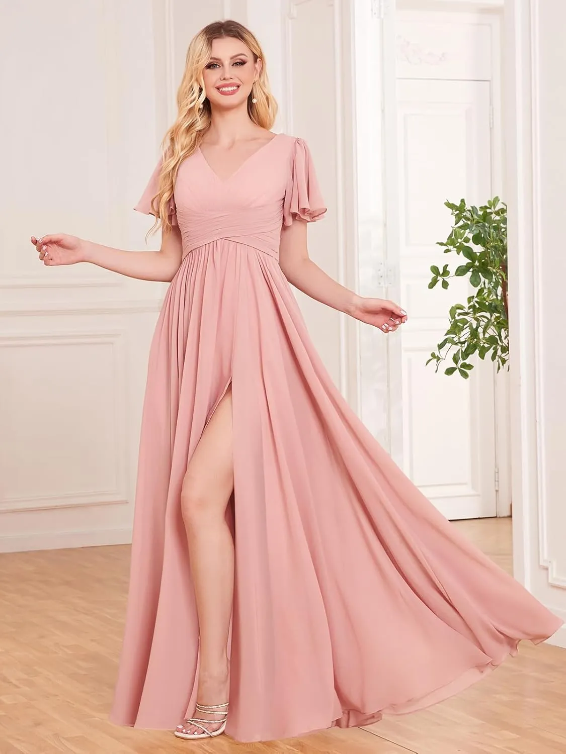 Chiffon Bridesmaid Dresses for Women V Neck Pockets Slit Long Wedding Guest Formal Dress with Flutter Sleeve