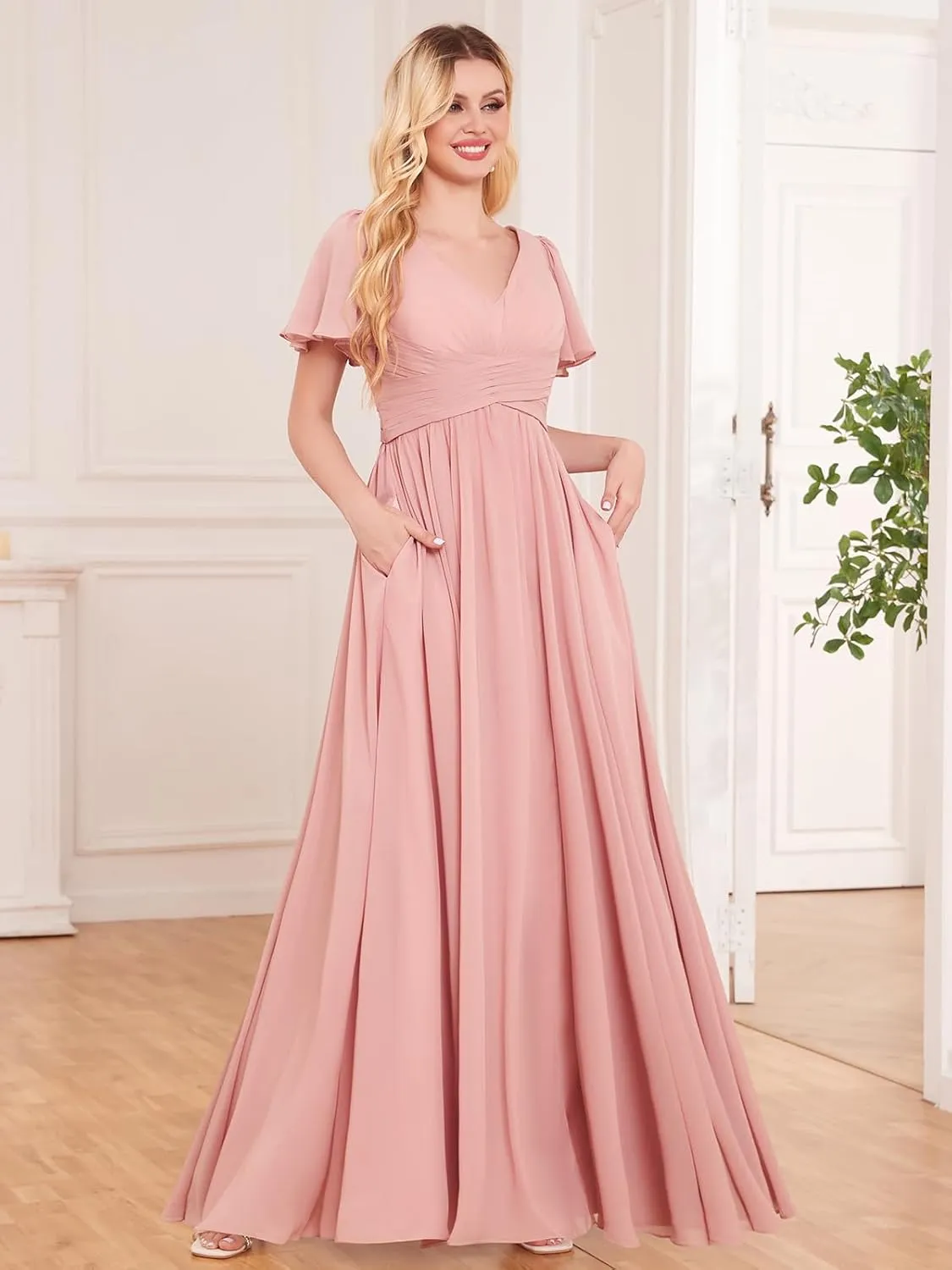 Chiffon Bridesmaid Dresses for Women V Neck Pockets Slit Long Wedding Guest Formal Dress with Flutter Sleeve