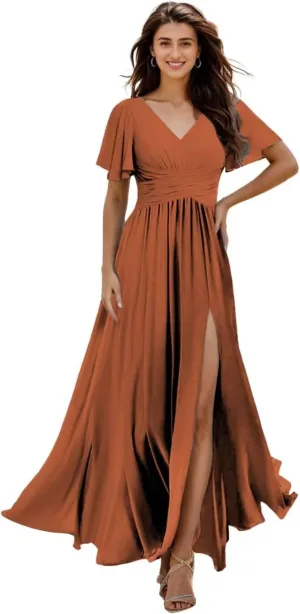 Chiffon Bridesmaid Dresses for Women V Neck Pockets Slit Long Wedding Guest Formal Dress with Flutter Sleeve