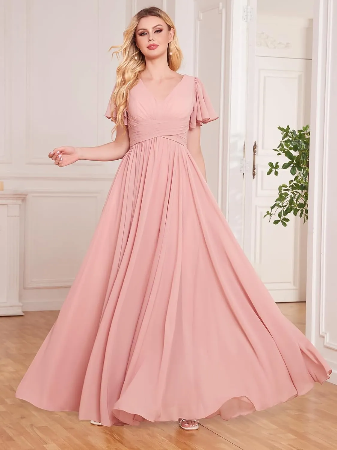 Chiffon Bridesmaid Dresses for Women V Neck Pockets Slit Long Wedding Guest Formal Dress with Flutter Sleeve